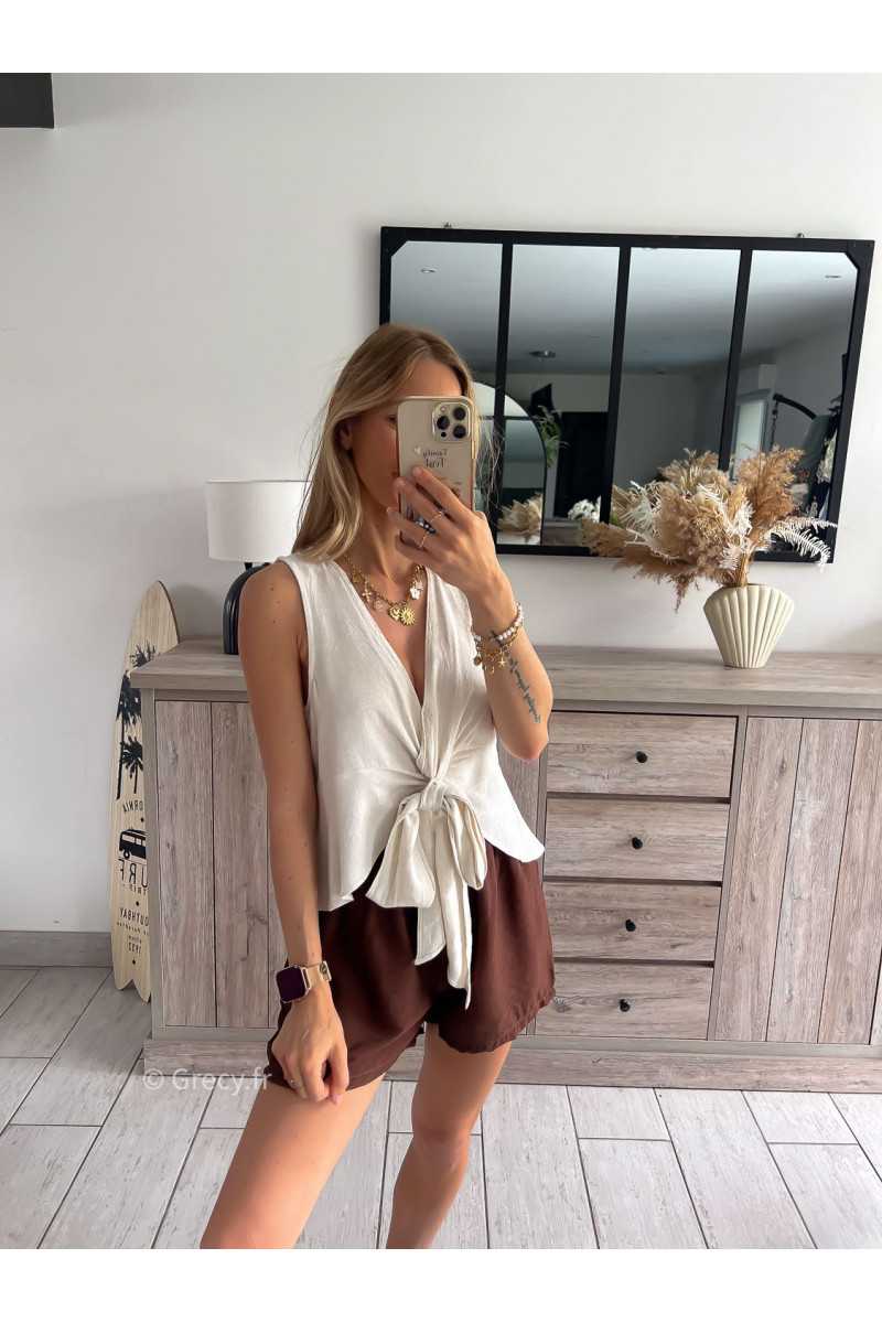 Top lin écru noeud grecy look tendance mode