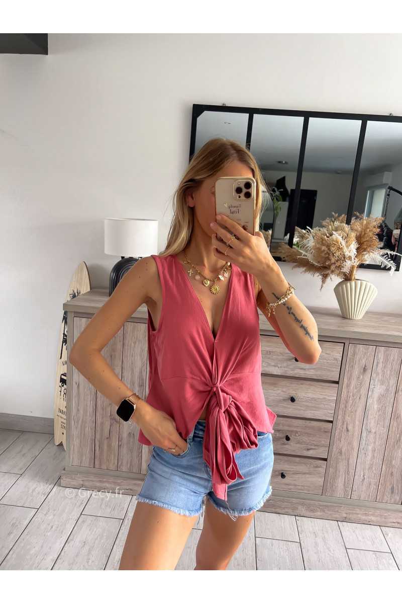 Top lin vieux rose terracotta noeud grecy look tendance mode