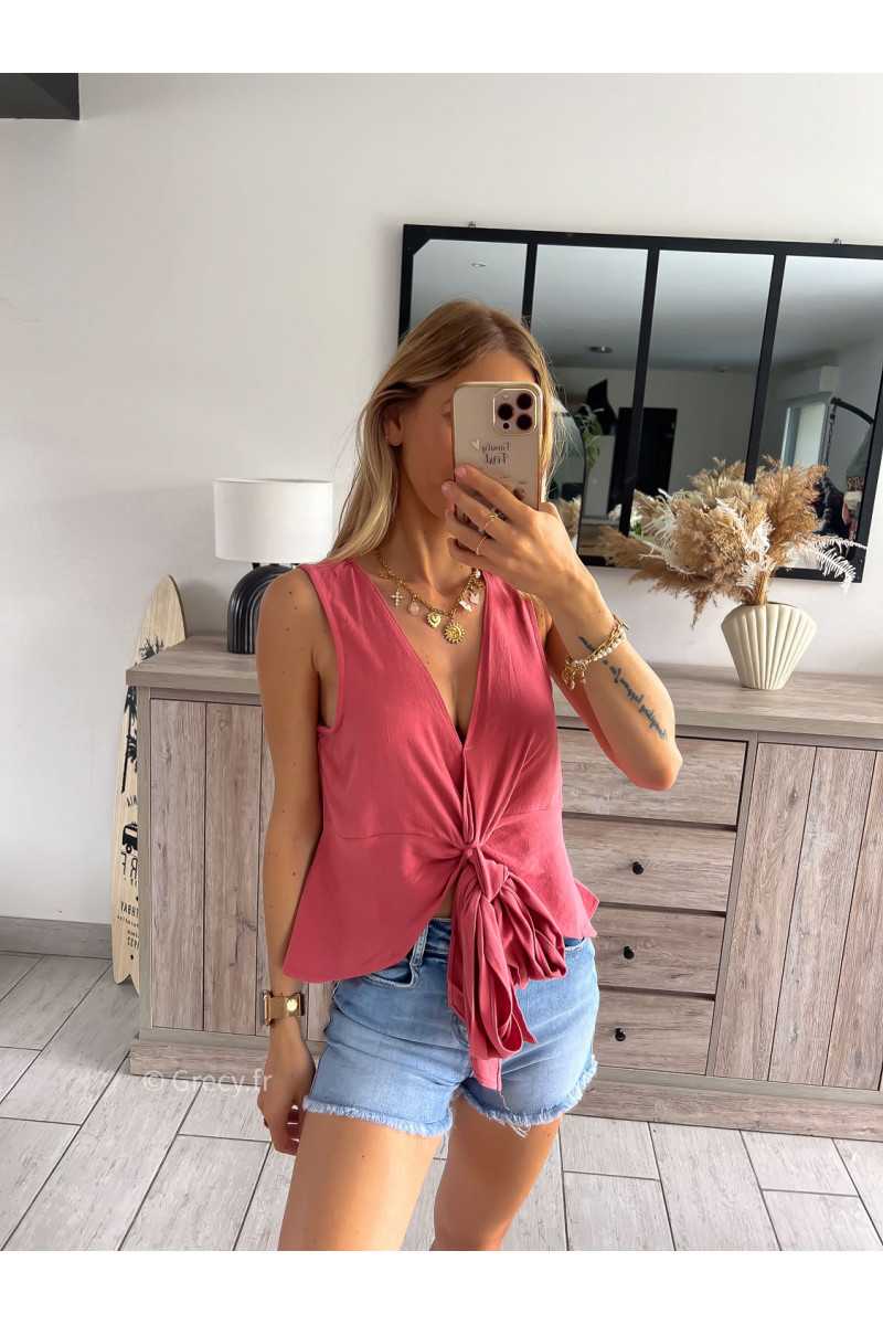 Top lin vieux rose terracotta noeud grecy look tendance mode