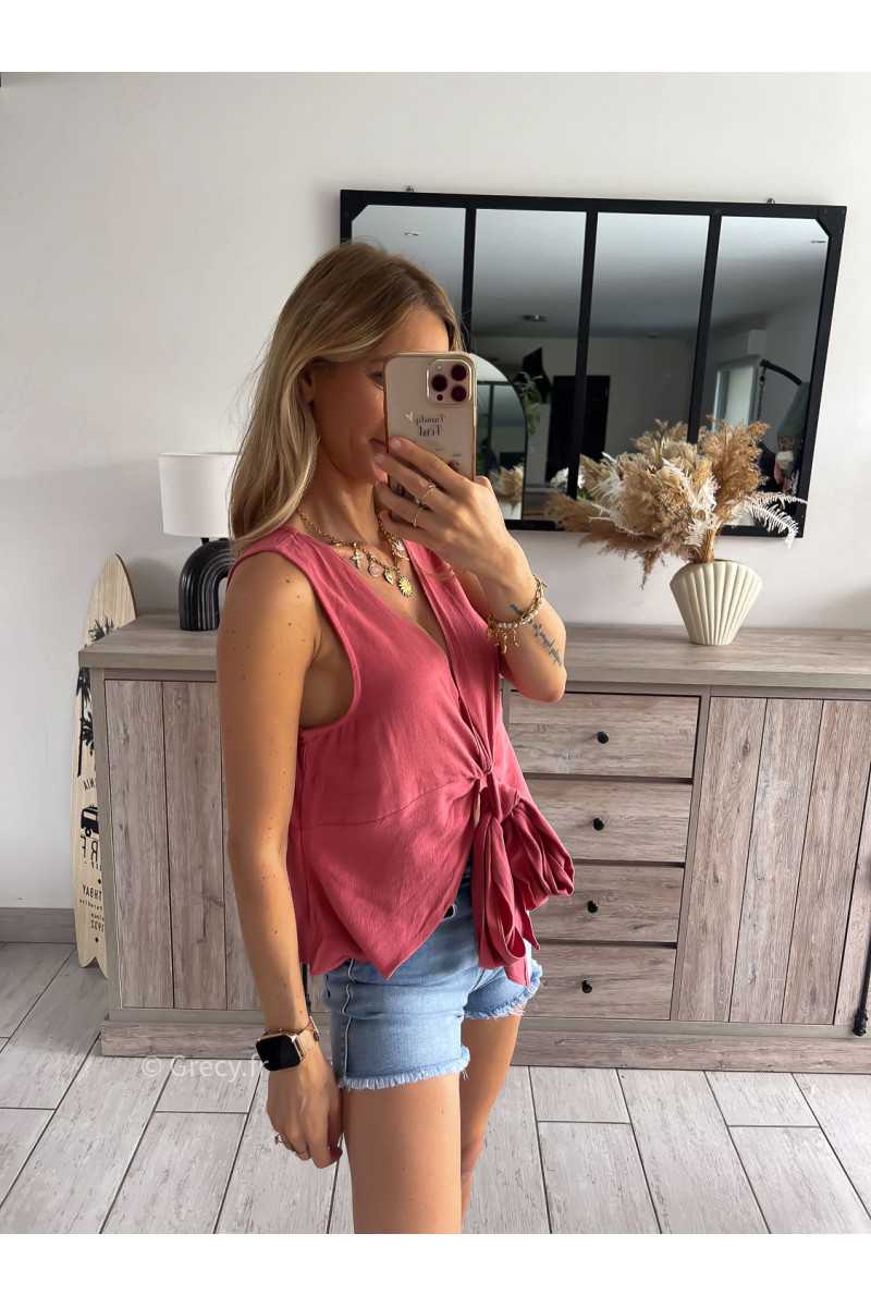 Top lin vieux rose terracotta noeud grecy look tendance mode