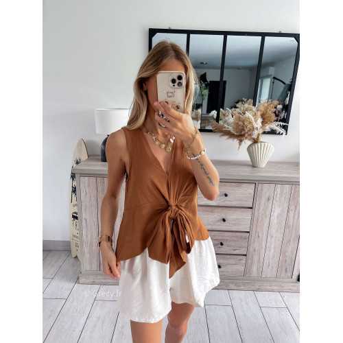 Top lin débardeur marron chocolat noeud grecy look tendance mode