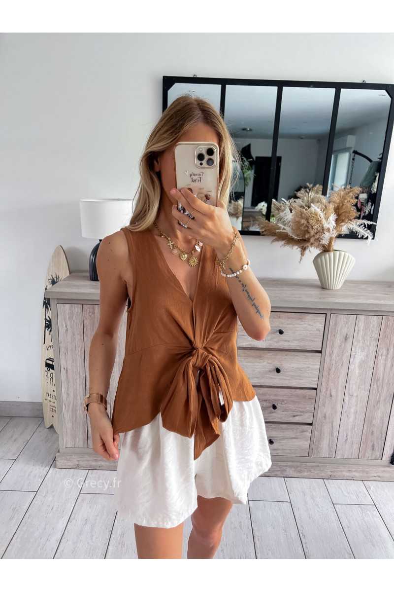 Top lin débardeur marron chocolat noeud grecy look tendance mode
