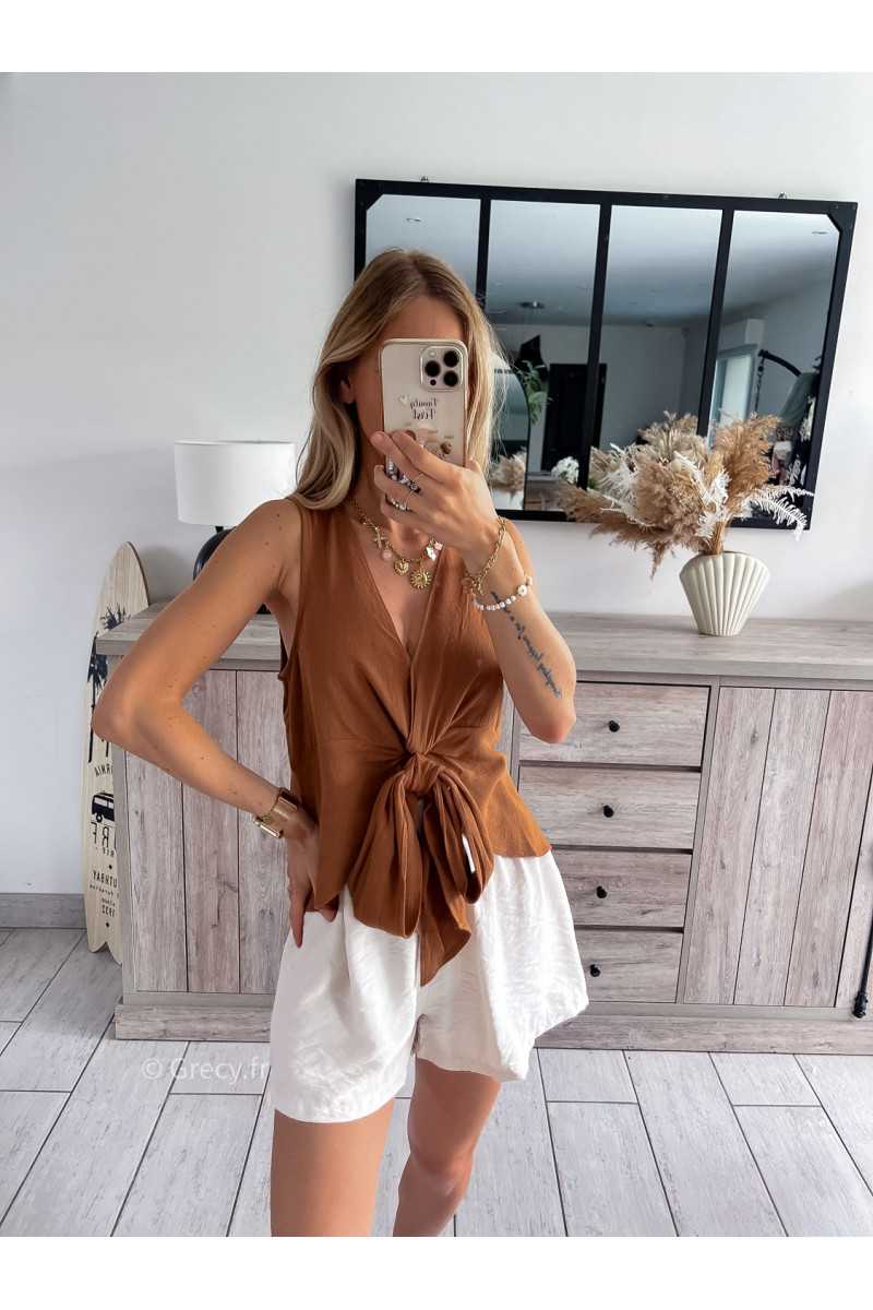 Top lin débardeur marron chocolat noeud grecy look tendance mode