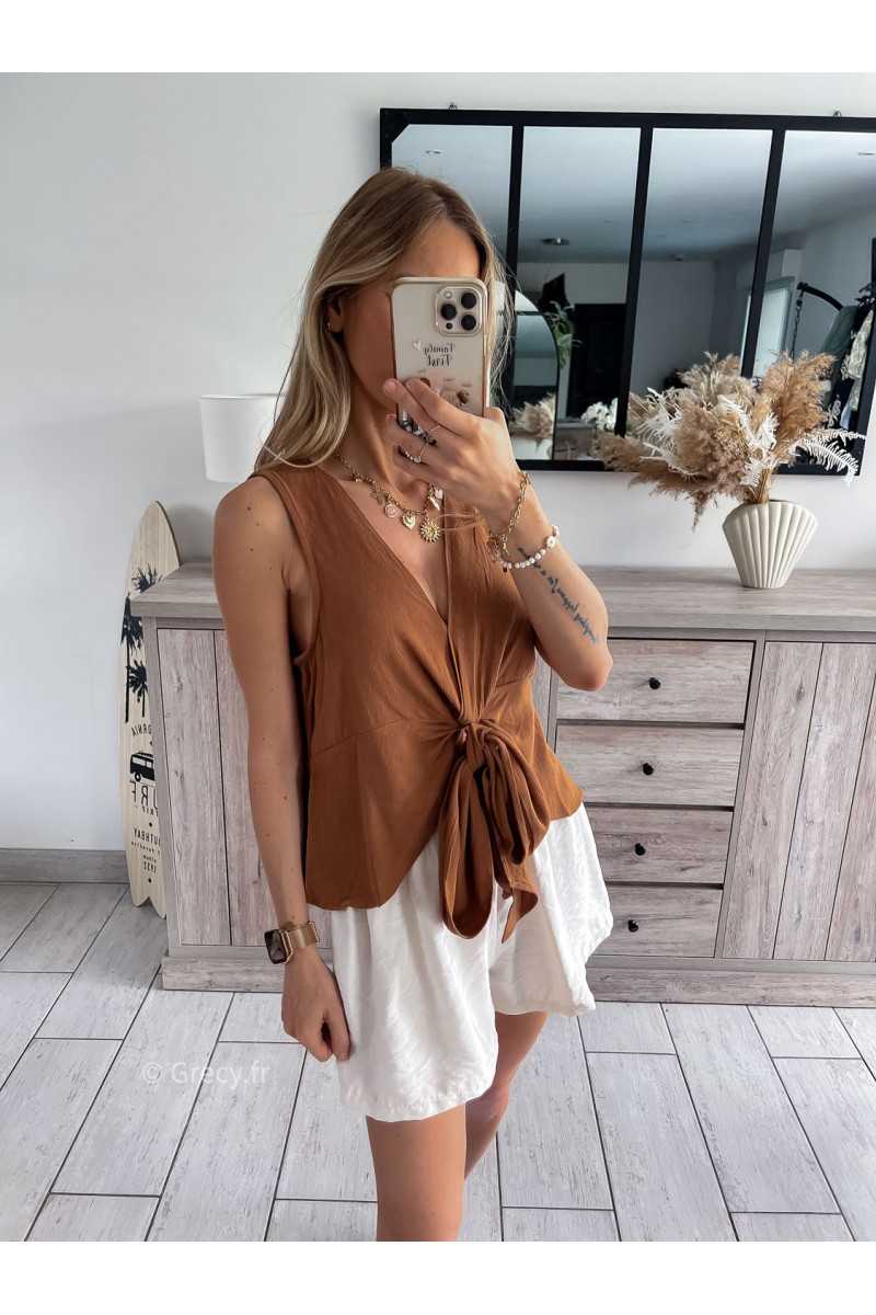 Top lin débardeur marron chocolat noeud grecy look tendance mode