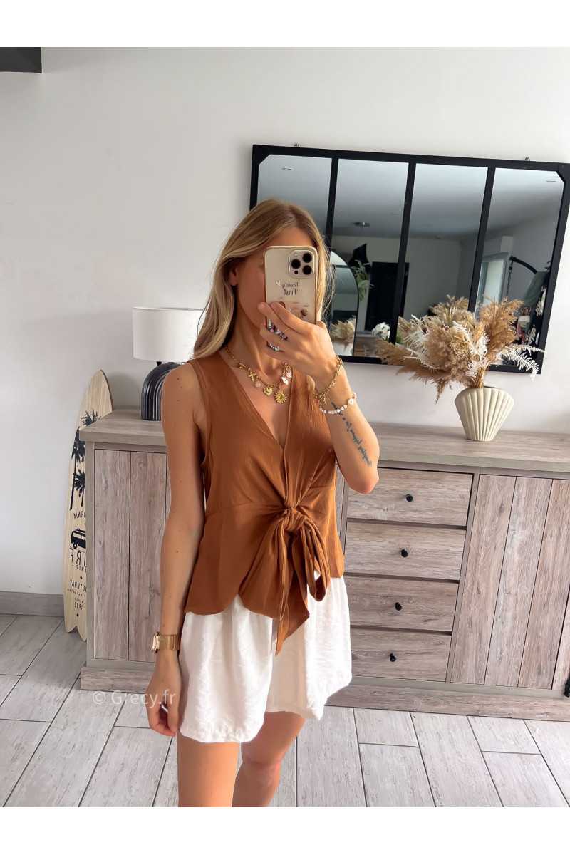 Top lin débardeur marron chocolat noeud grecy look tendance mode