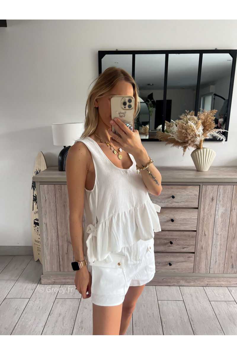 Top lin blanc double noeuds côtés babydolll grecy look tendance mode