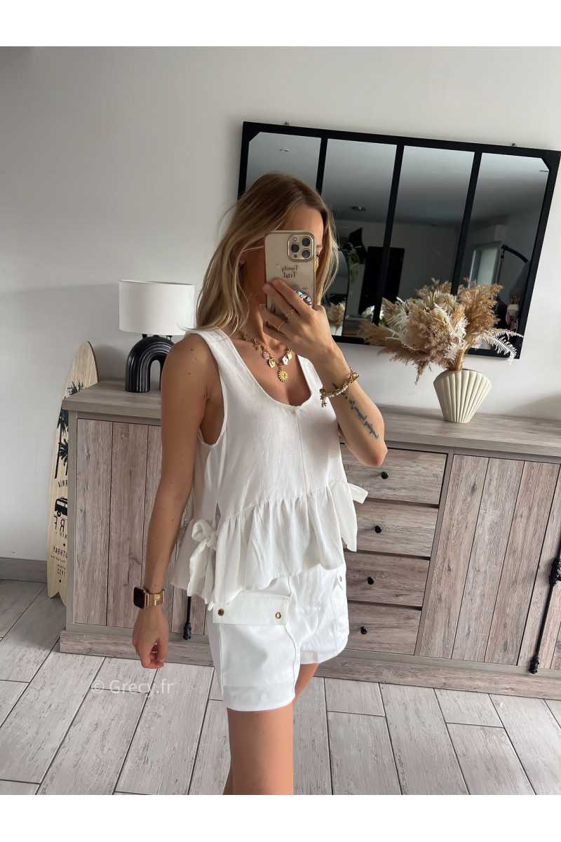 Top lin blanc double noeuds côtés babydolll grecy look tendance mode