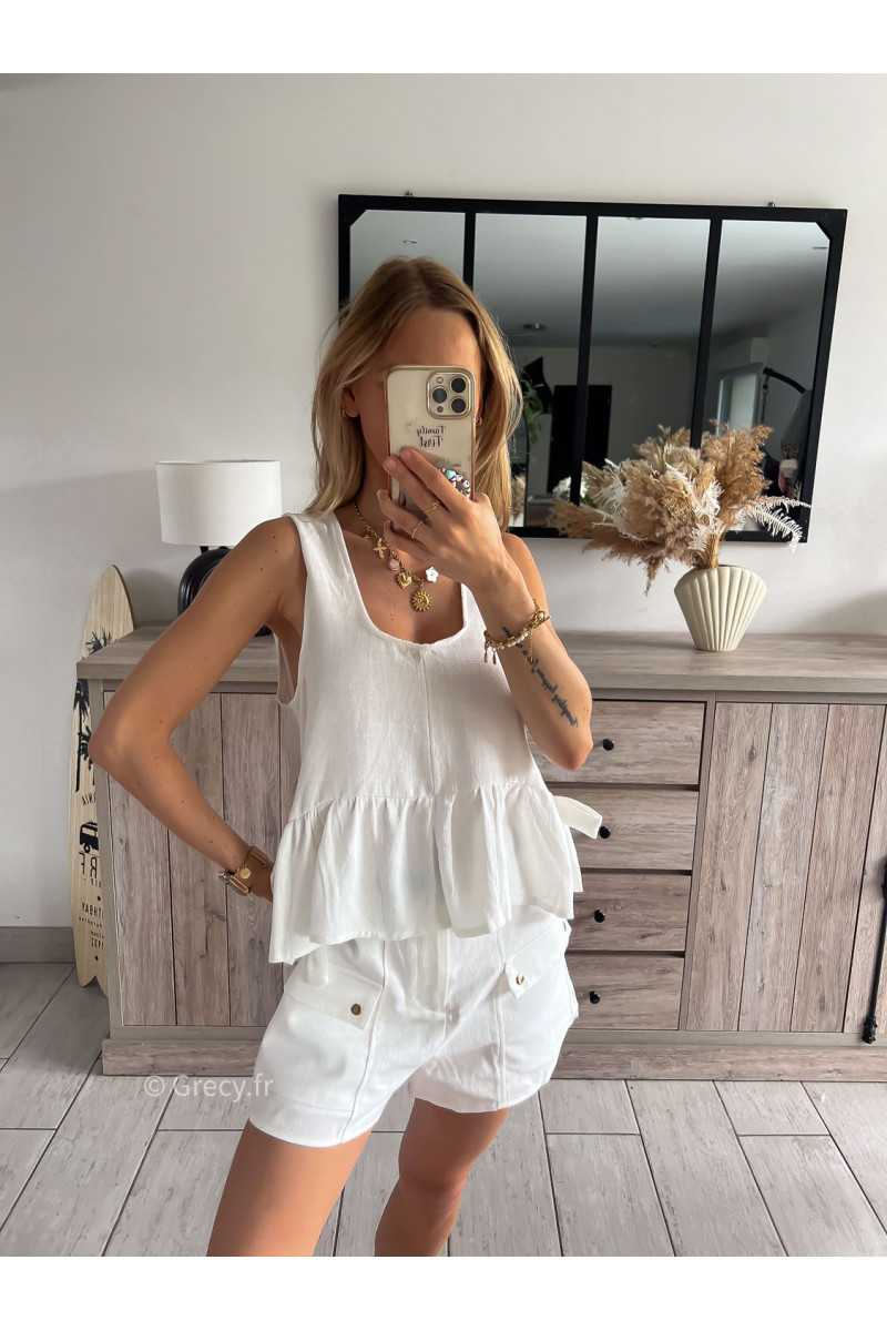 Top lin blanc double noeuds côtés babydolll grecy look tendance mode