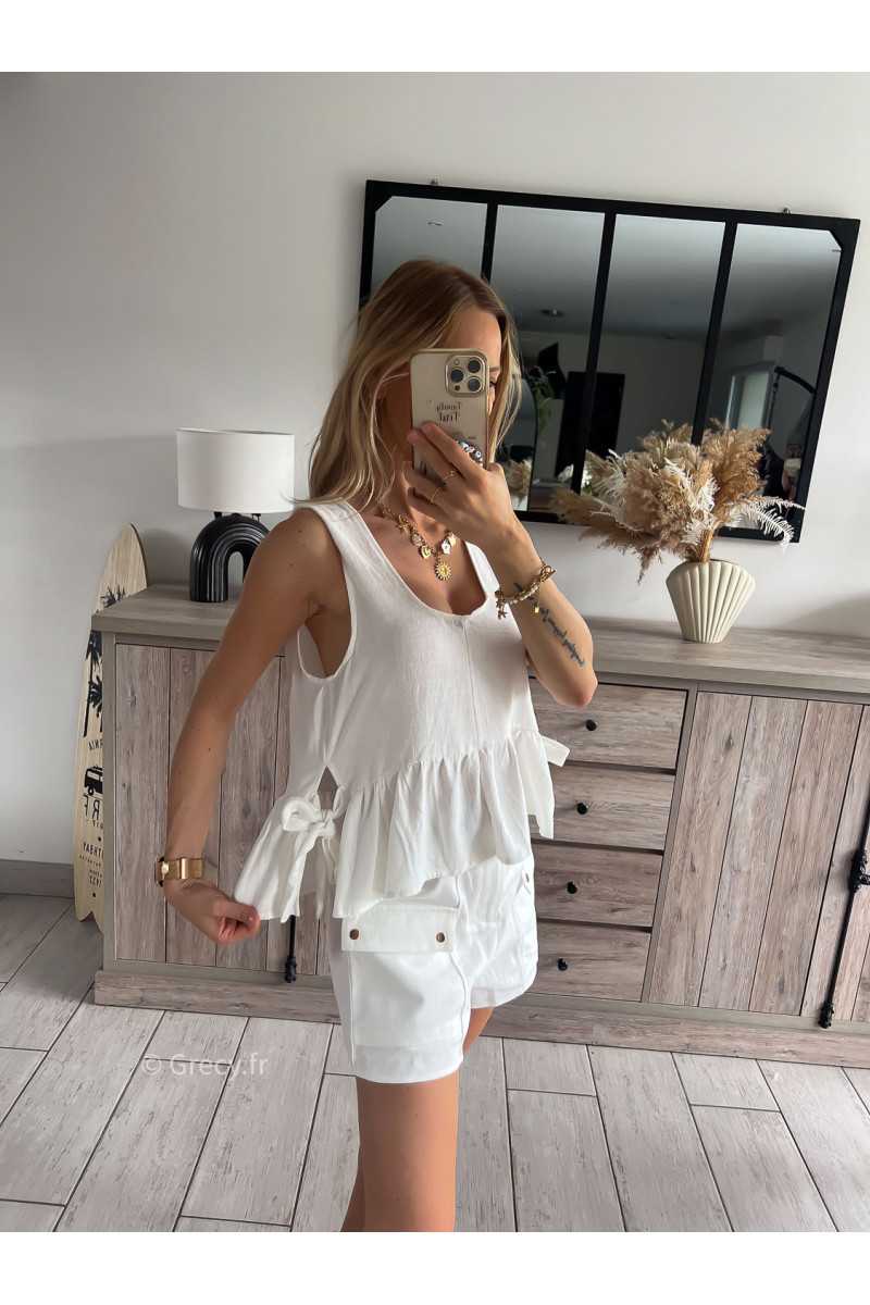 Top lin blanc double noeuds côtés babydolll grecy look tendance mode