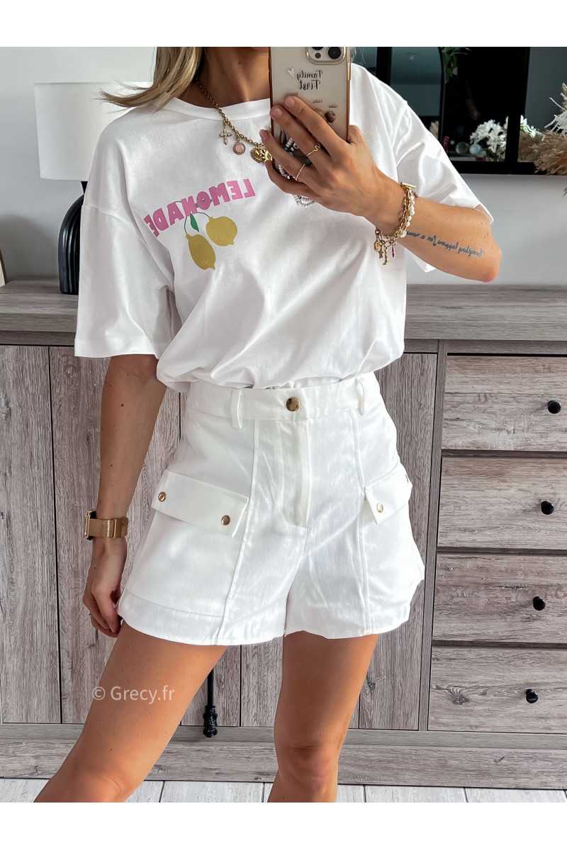 short en jean blanc boutons or dorés grecy look tendance mode