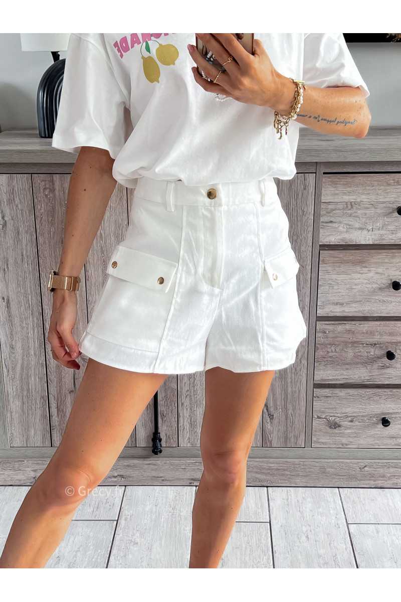 short en jean blanc boutons or dorés grecy look tendance mode