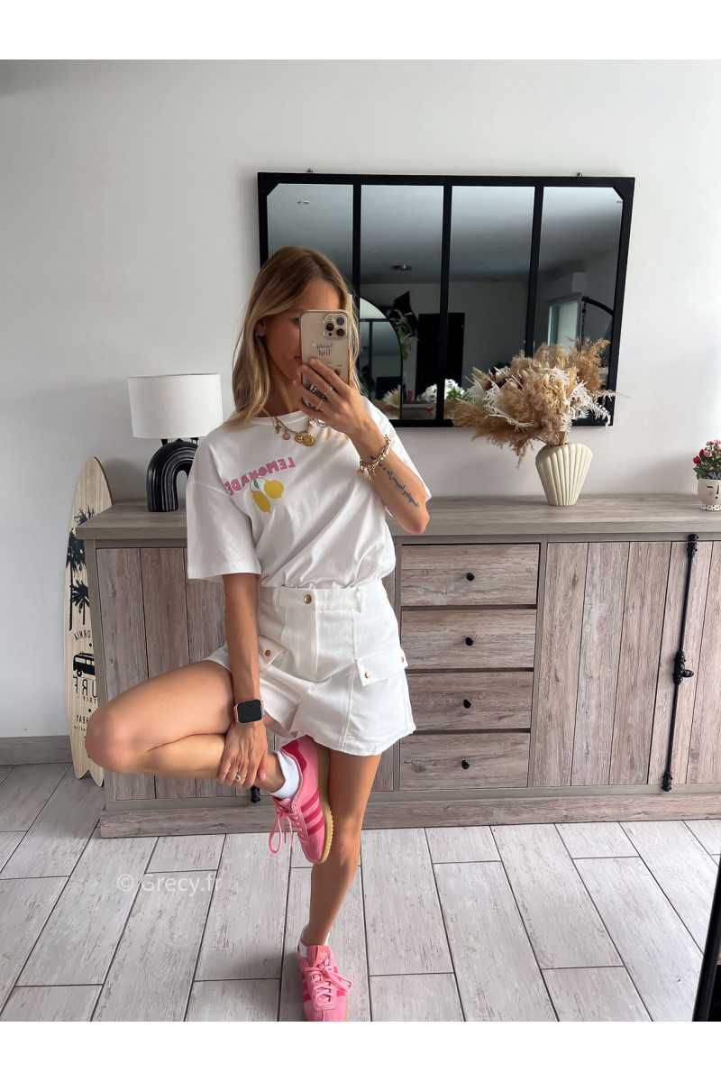 short en jean blanc boutons or dorés grecy look tendance mode