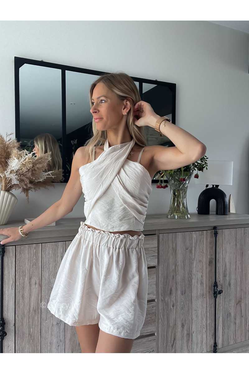 Ensemble short et top croisé beige écru grecy look tendance mode