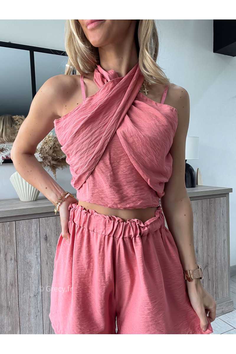 Ensemble short et top croisé vieux rose grecy look tendance mode
