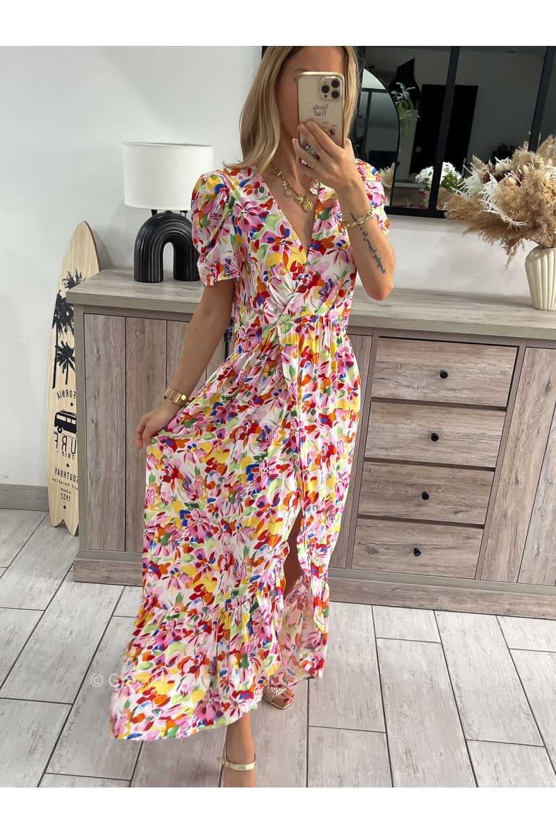 Robe longue colorée fleurie grecy look tendance mode