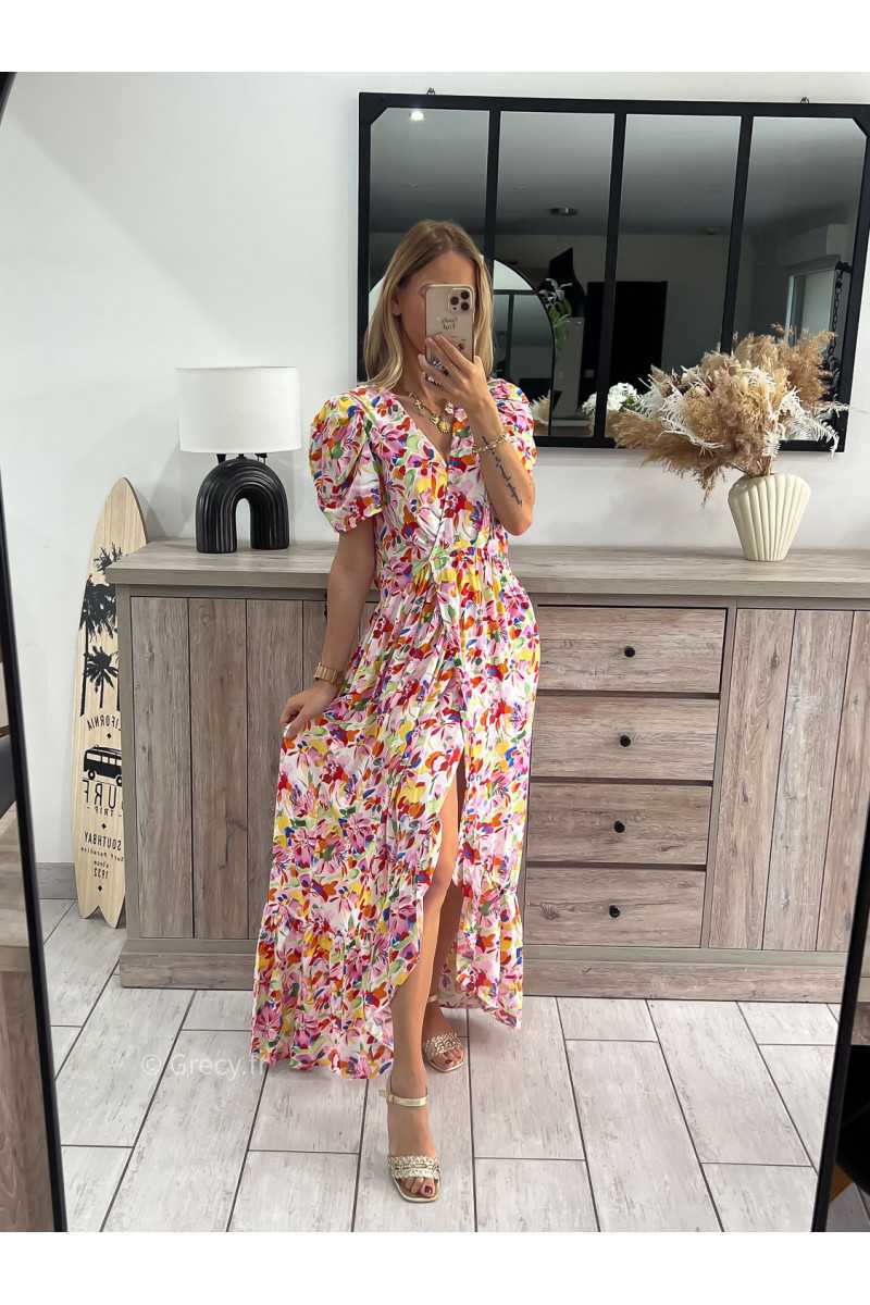 Robe longue colorée fleurie grecy look tendance mode