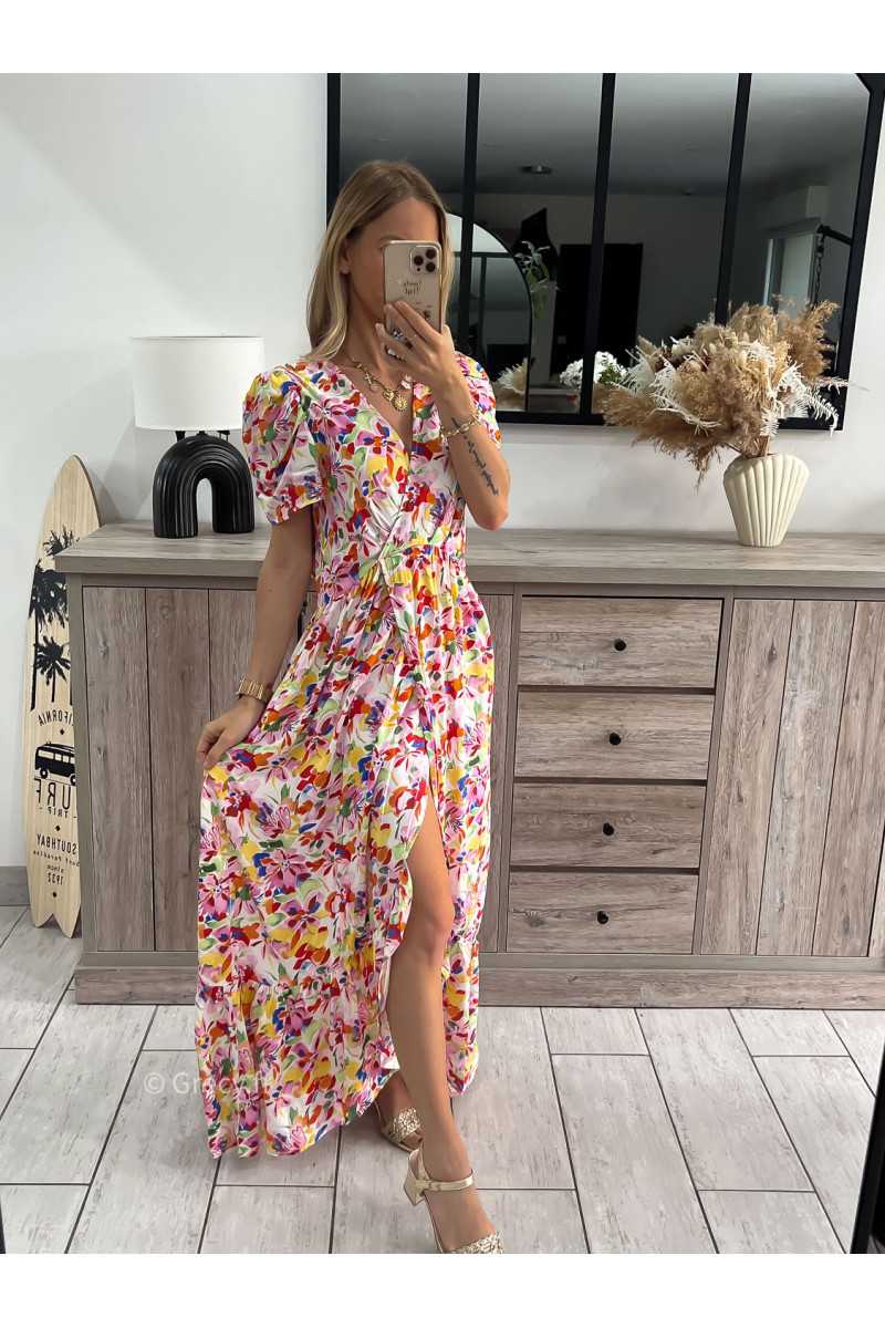 Robe longue colorée fleurie grecy look tendance mode