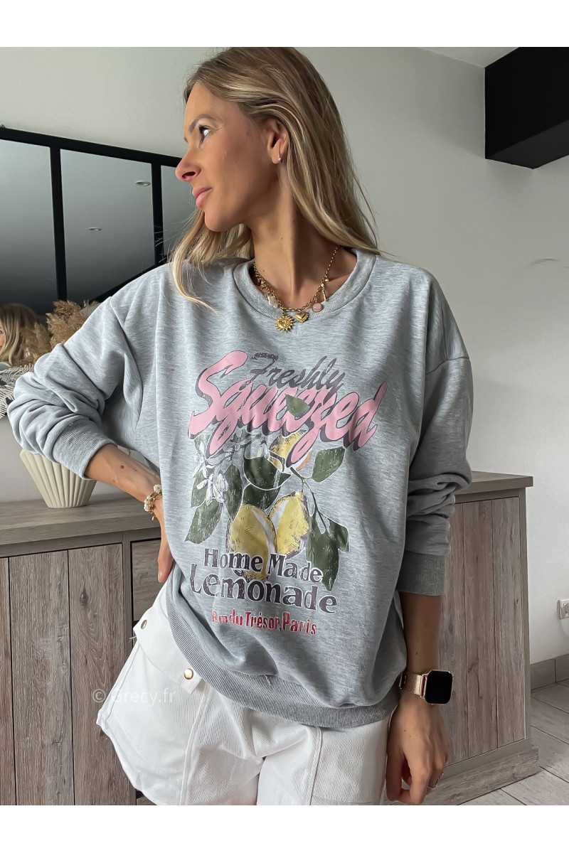 sweat sweatshirt gris citons citron fruits grecy look tendance mode