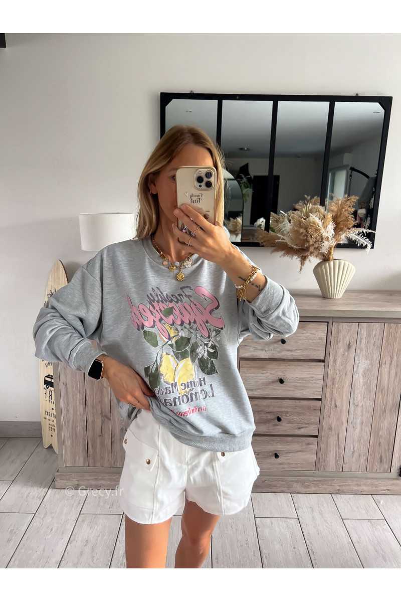 sweat sweatshirt gris citons citron fruits grecy look tendance mode