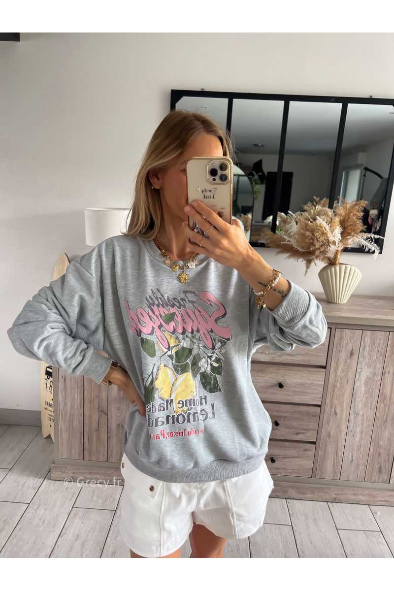 sweat sweatshirt gris citons citron fruits grecy look tendance mode