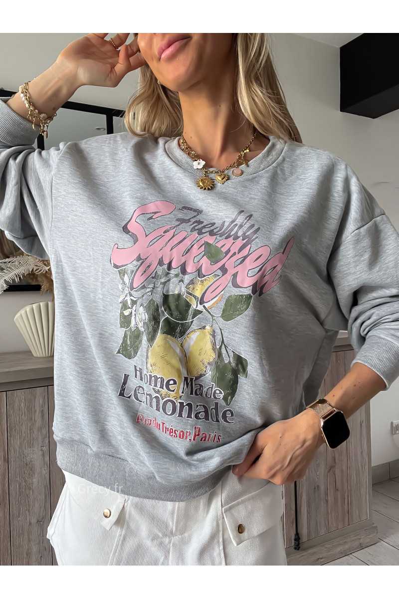 sweat sweatshirt gris citons citron fruits grecy look tendance mode