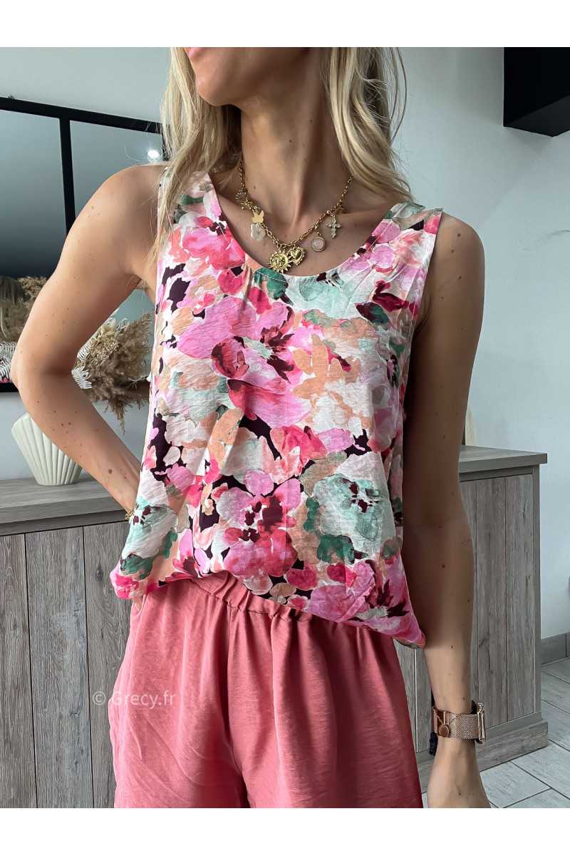 Débardeur fleuri dos nu rose grecy look tendance mode