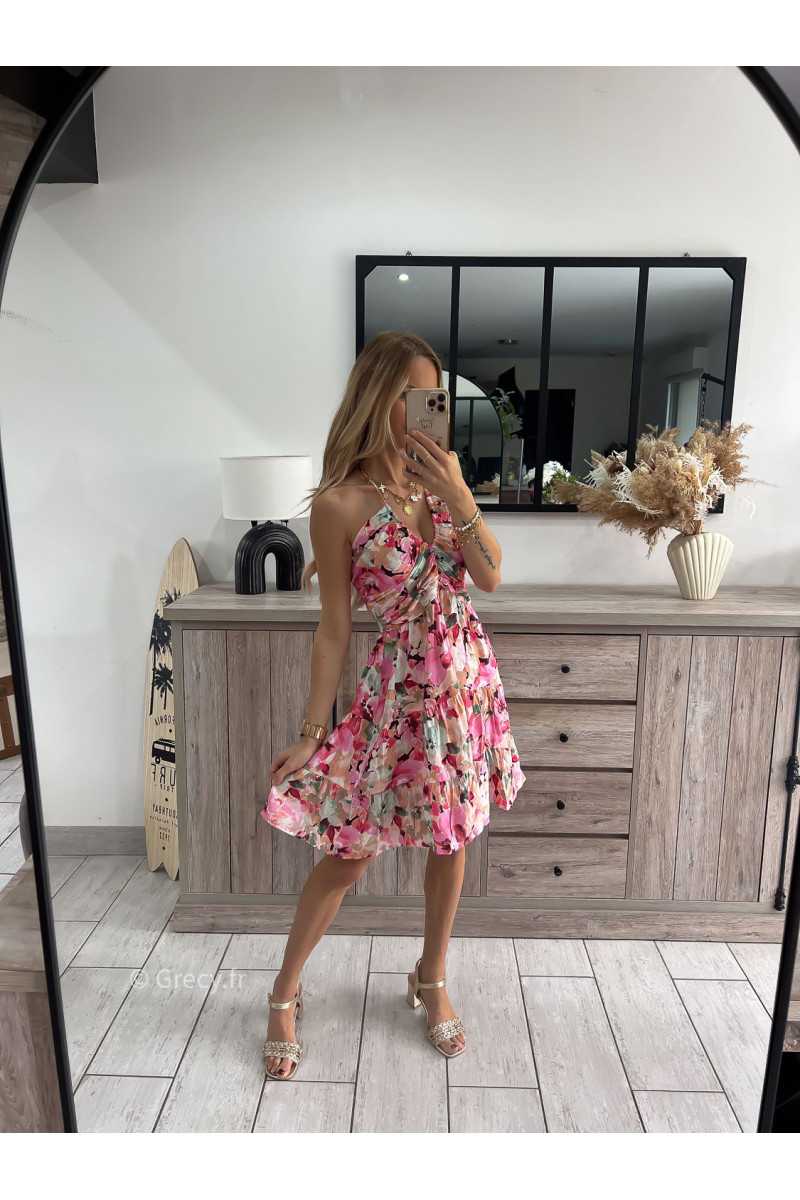 robe courte fleurie rose grecy look tendance mode