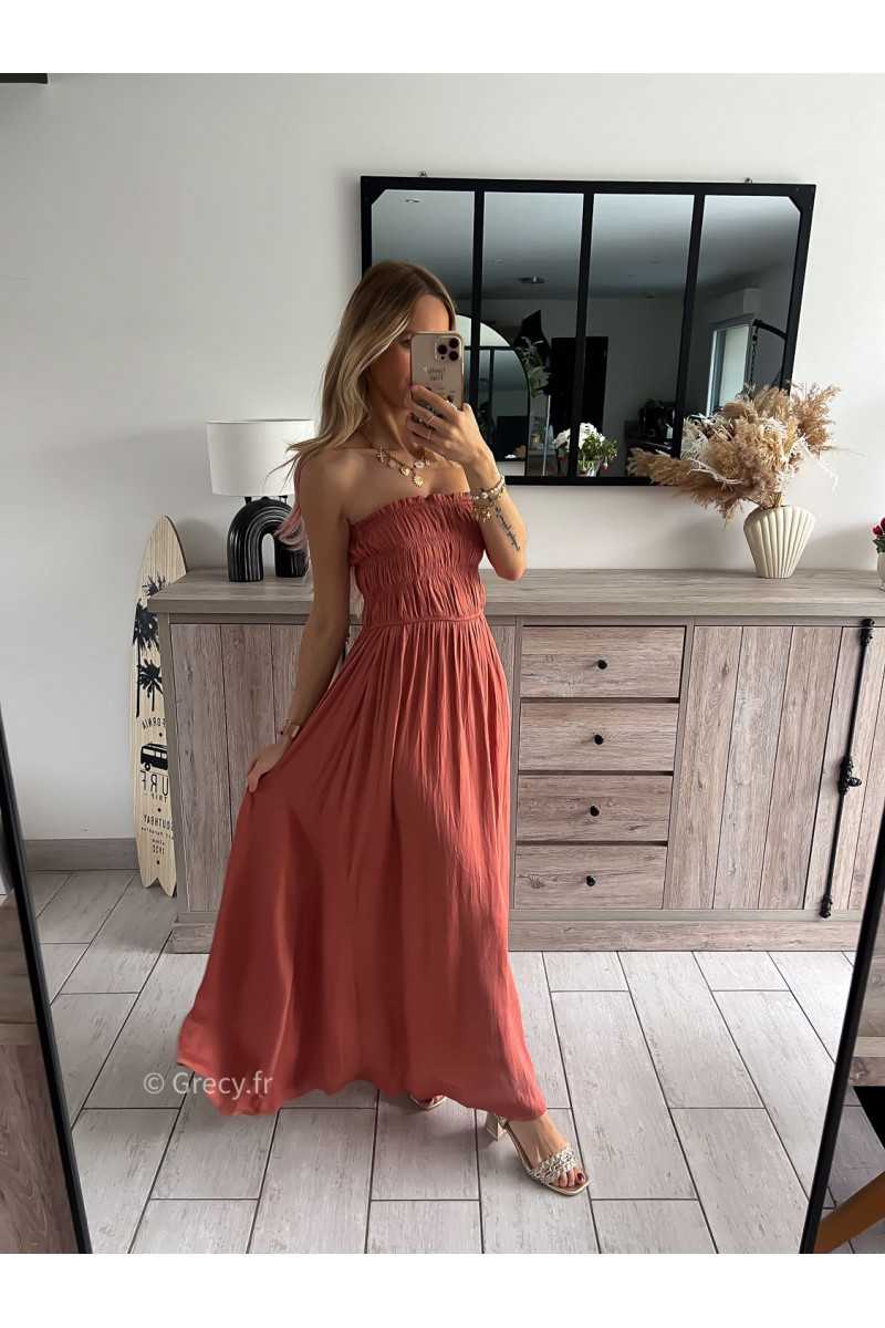 robe longue bustier terracotta grecy look tendance mode