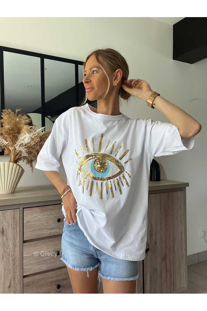 Tshirt oeil sequins blanc grecy mode look tendance