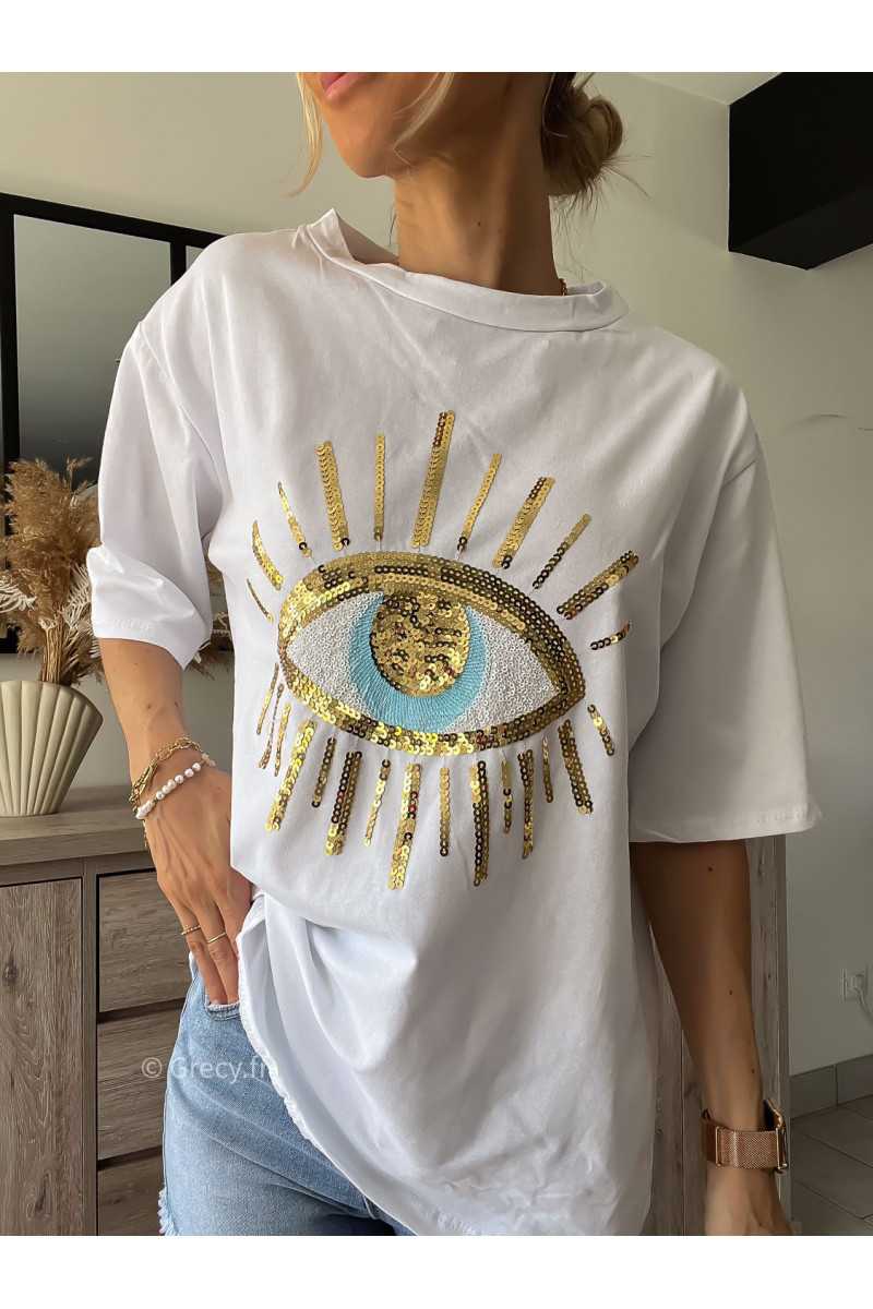 Tshirt oeil sequins blanc grecy mode look tendance