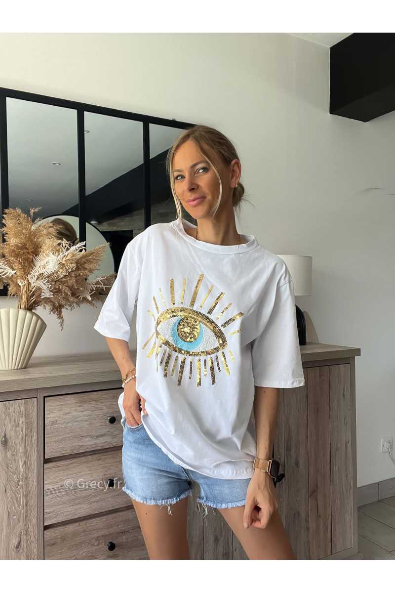 Tshirt oeil sequins blanc grecy mode look tendance