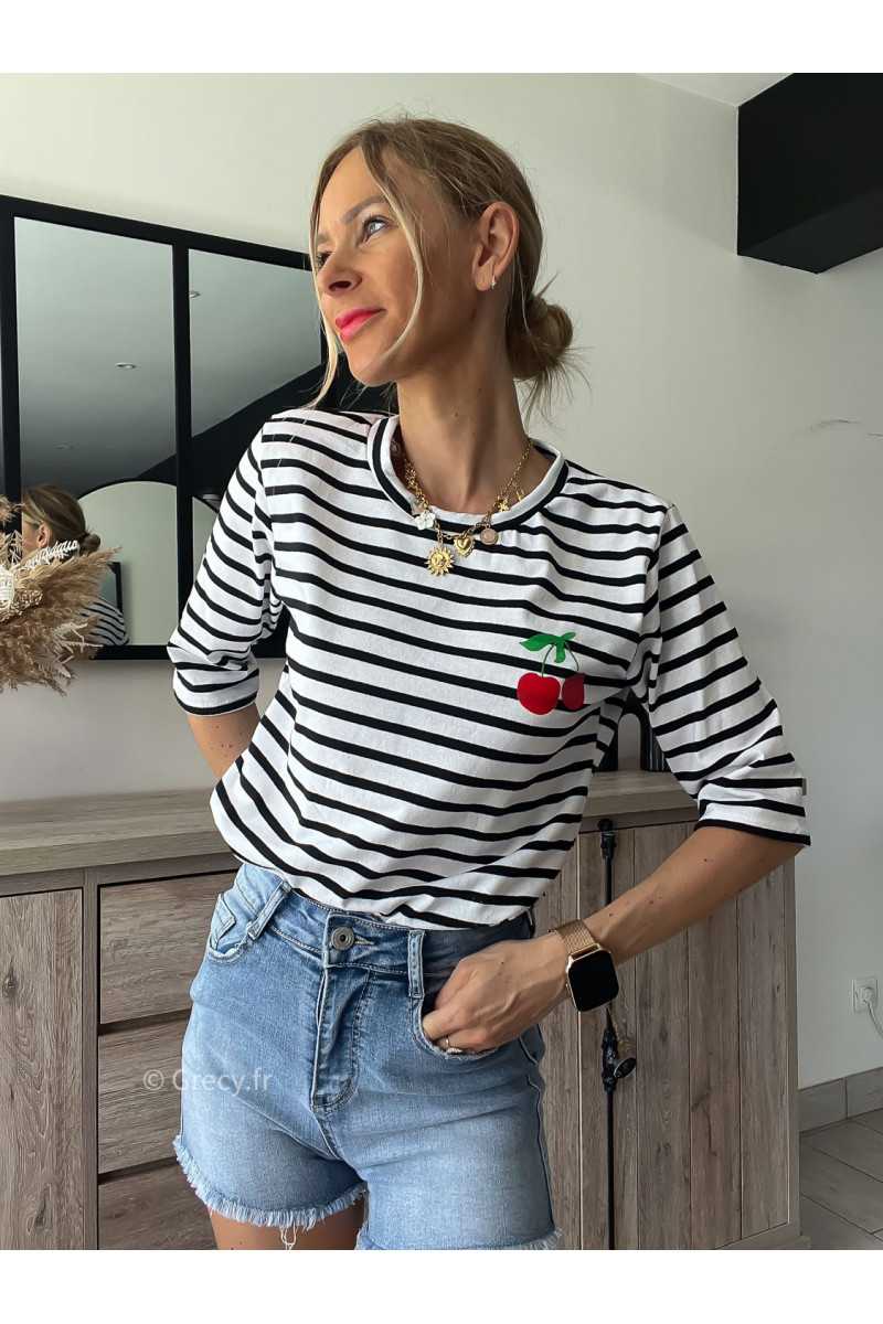 Tshirt rayé cerises grecy mode tenue look tendance
