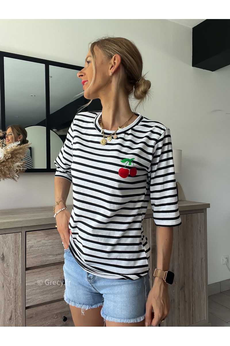 Tshirt rayé cerises grecy mode tenue look tendance