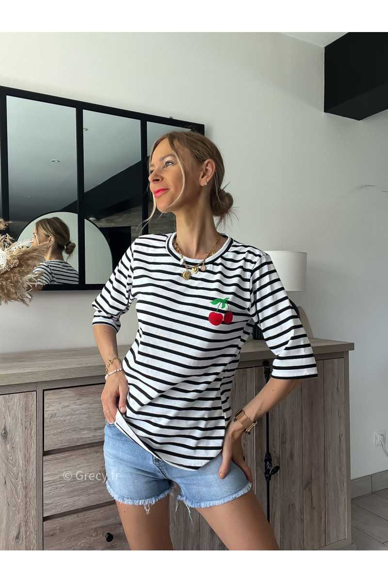 Tshirt rayé cerises grecy mode tenue look tendance