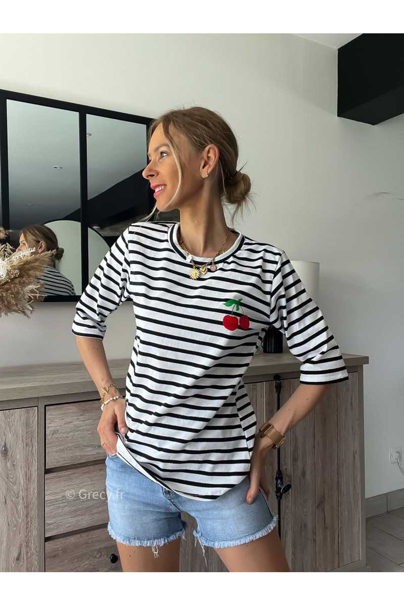 Tshirt rayé cerises grecy mode tenue look tendance