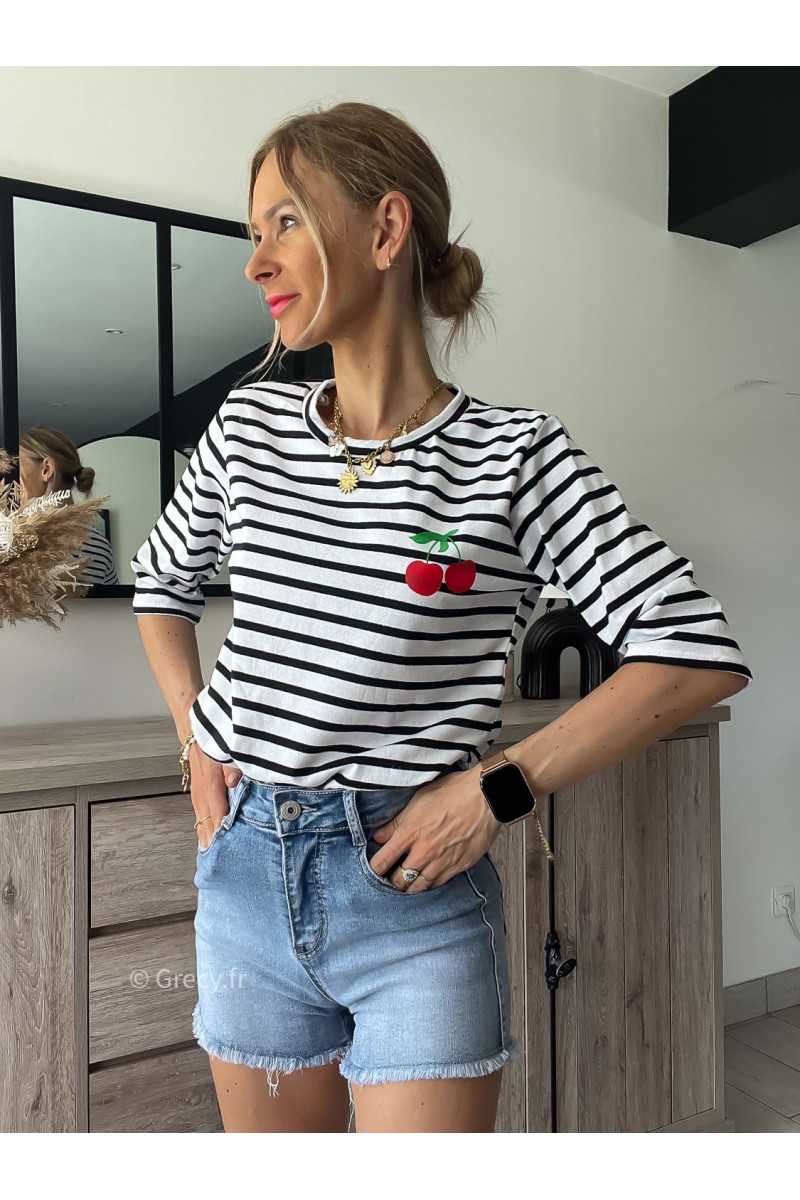 Tshirt rayé cerises grecy mode tenue look tendance