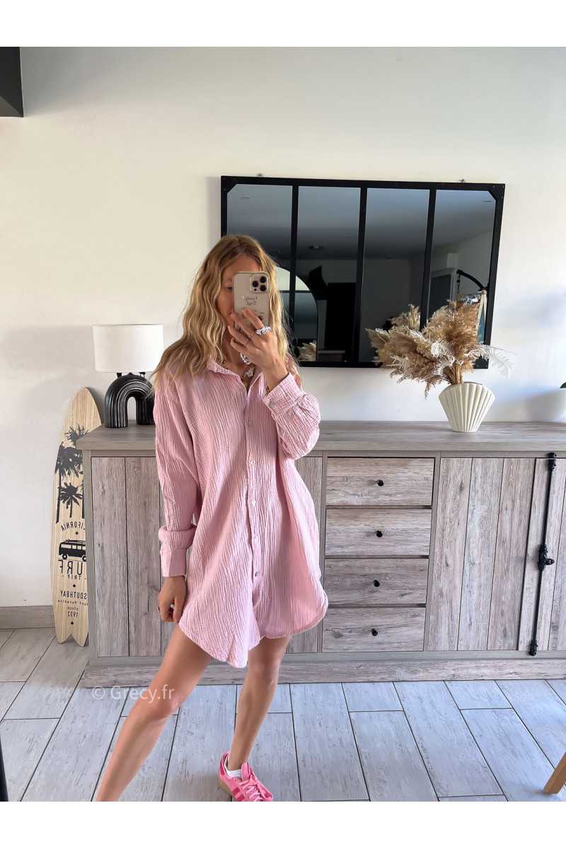 Chemise longue gaze coton rose grecy