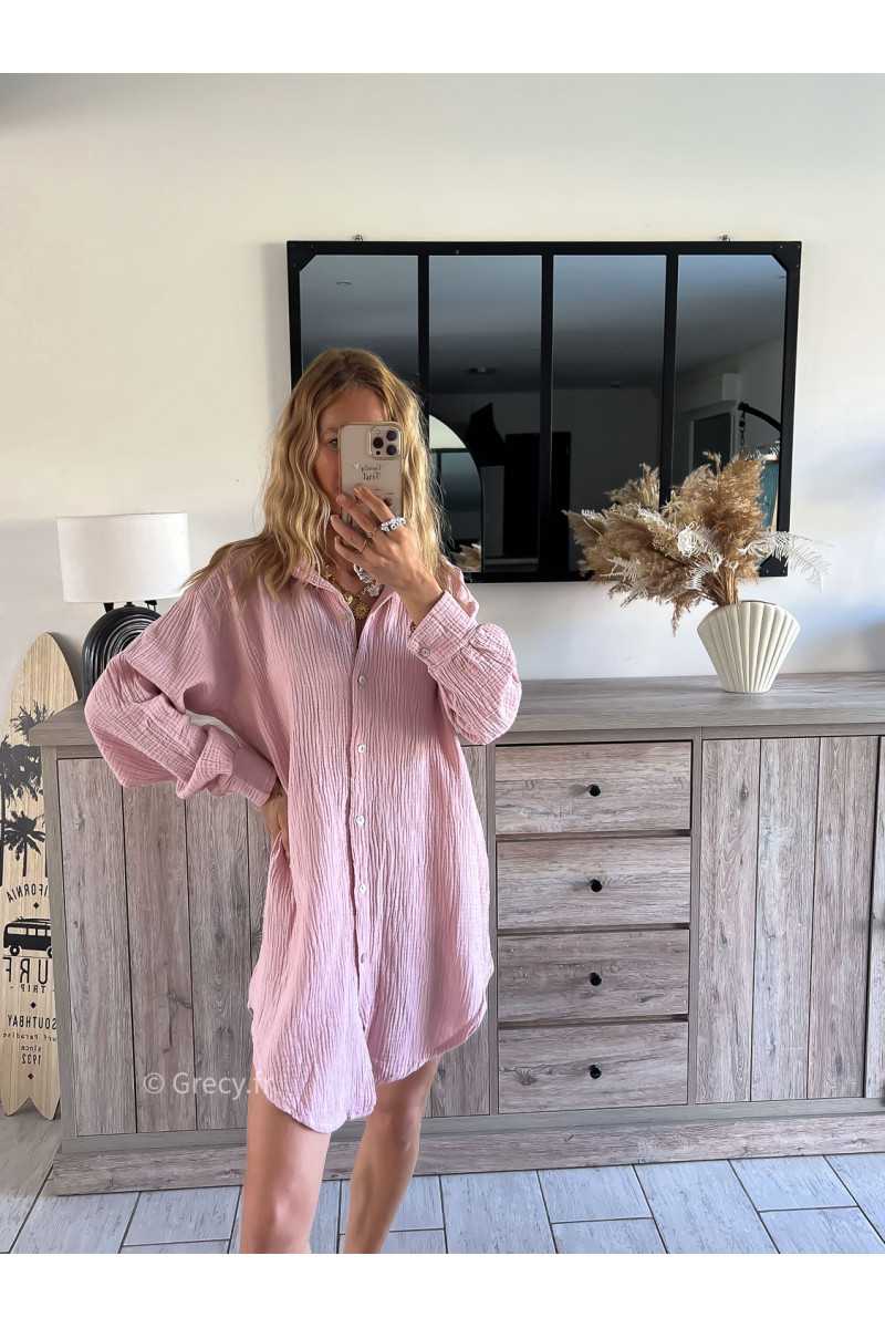 Chemise longue gaze coton rose grecy
