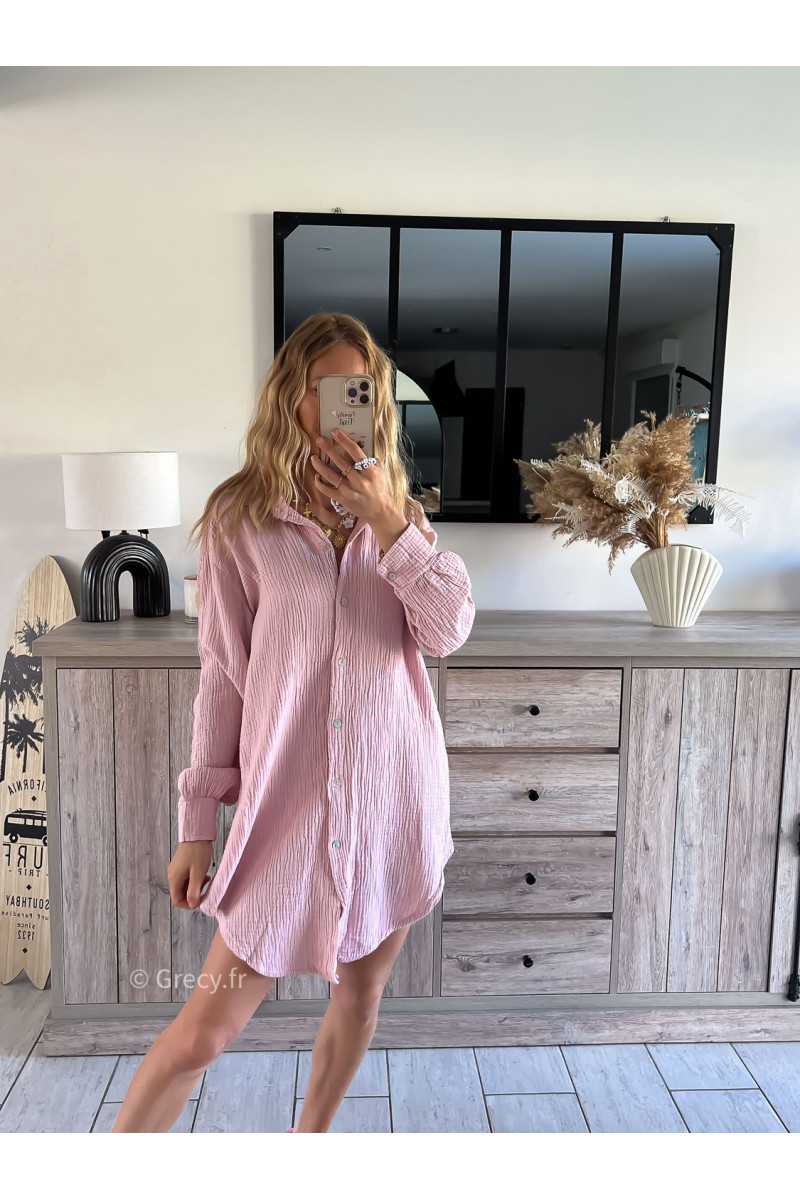 Chemise longue gaze coton rose grecy