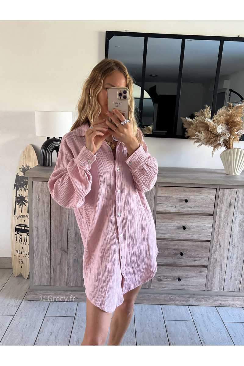 Chemise longue gaze coton rose grecy