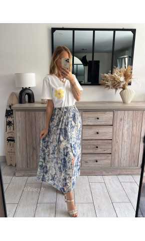 Jupe longue Bridgerton fleurie boutonnée bleue grecy mode tendance outfit look