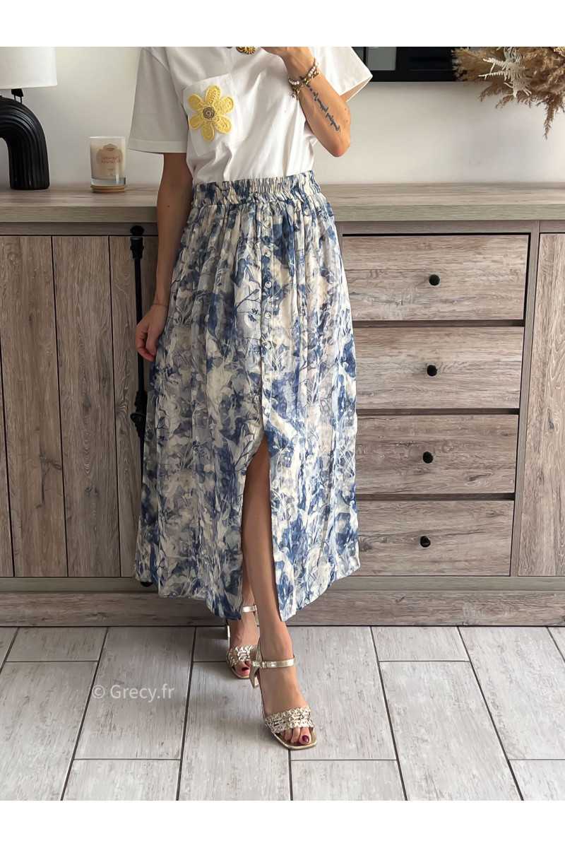 Jupe longue Bridgerton fleurie boutonnée bleue grecy mode tendance outfit look