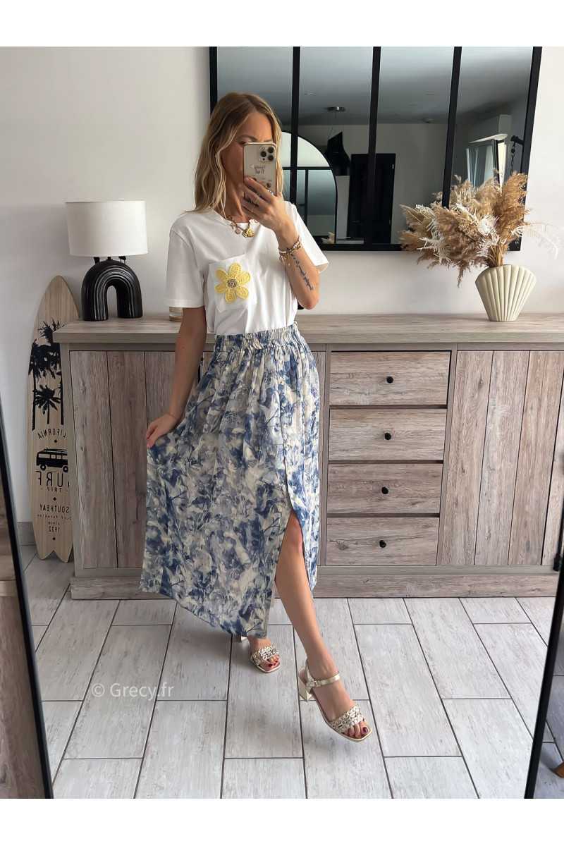 Jupe longue Bridgerton fleurie boutonnée bleue grecy mode tendance outfit look