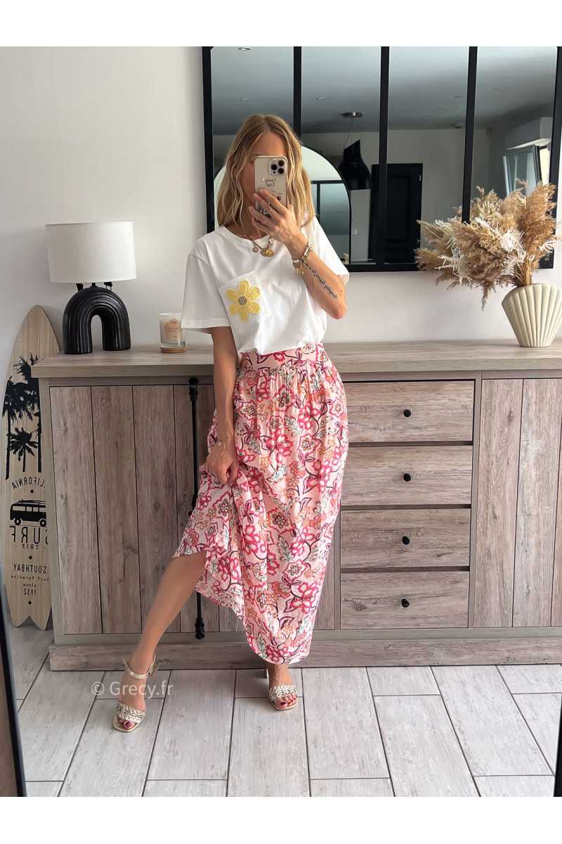 Jupe longue fleurie rose grecy mode tendance outfit look