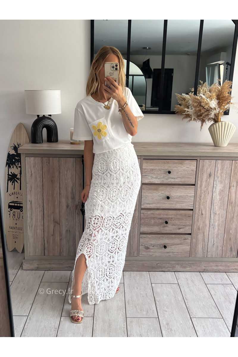 Jupe longue blanche crochet grecy mode tendance outfit look