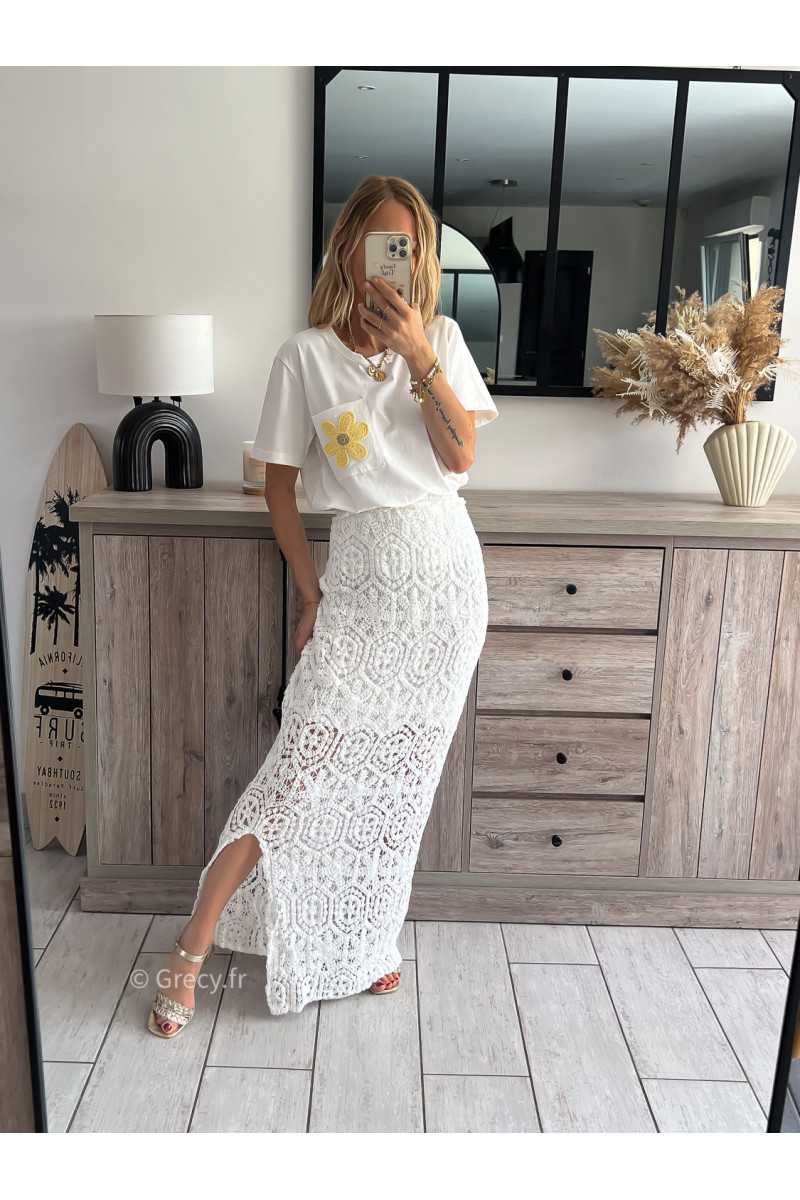 Jupe longue blanche crochet grecy mode tendance outfit look