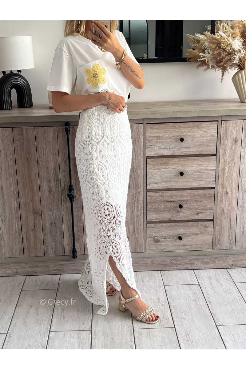 Jupe longue Carla blanche en maille crochet Couleur Blanc Taille Taille unique convient du 34 au 42