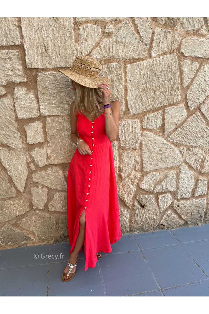 Robe longue Célia boutonnée rouge chic bretelles été look mode tendance grecy