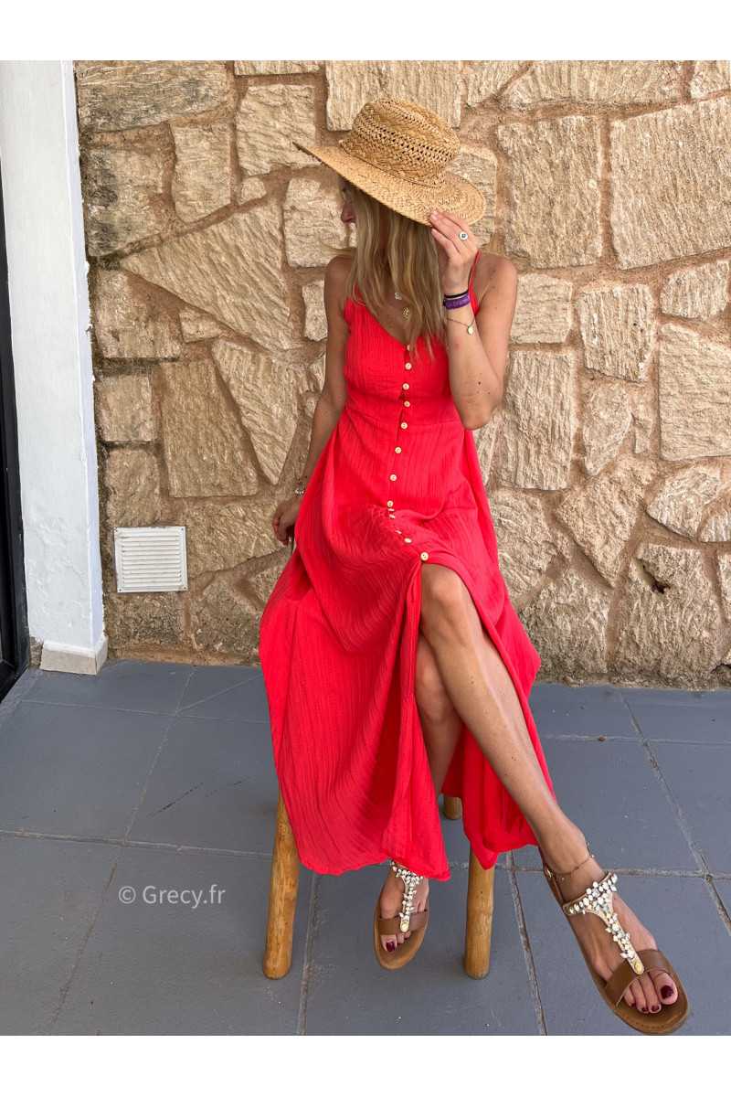 Robe longue Célia boutonnée rouge chic bretelles été look mode tendance grecy