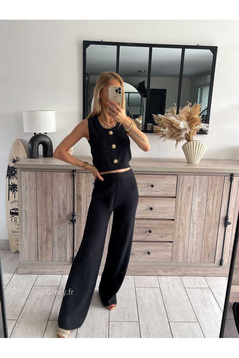 Ensemble Zora noir gilet sans manches et pantalon en maille Couleur noir Taille S M